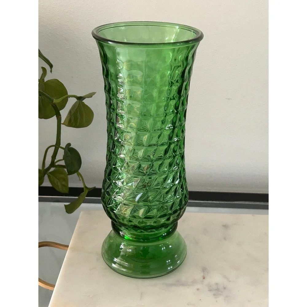 Vintage EO Brody Cleveland OH Emerald Green Glass Vase Diamond Swirl Texture